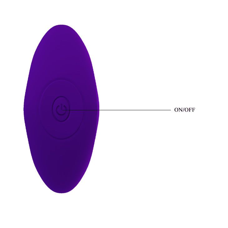 Vibratore anale viola. Parte superiore con pulsante on/off. Scritta 'ON/OFF'.