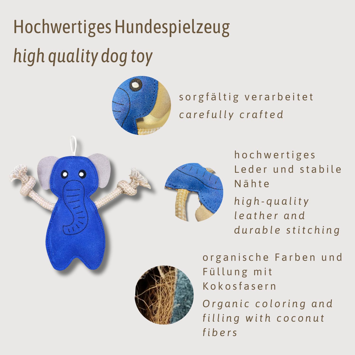 Immagine prodotto con dettagli: giocattolo per cani di alta qualità, accuratamente lavorato, pelle, fibre di cocco. Elefante.