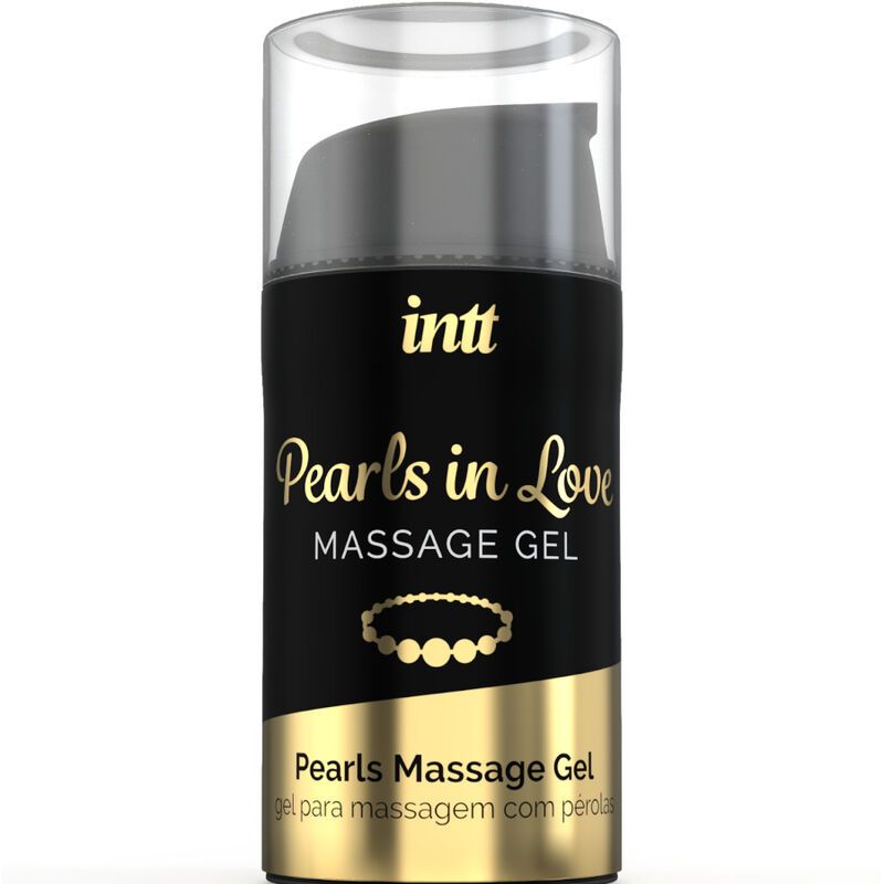 Flacone cilindrico con etichetta nera. Scritta: intt, Pearls in Love Massage Gel. Coperchio trasparente.