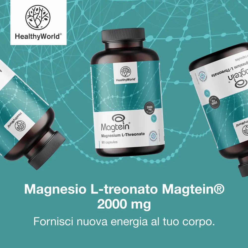 Immagine prodotto: Barattolo marrone Magtein® Magnesium L-Threonate 2000 mg, 90 capsule. Testo: Forma innovativa per un migliore assorbimento.