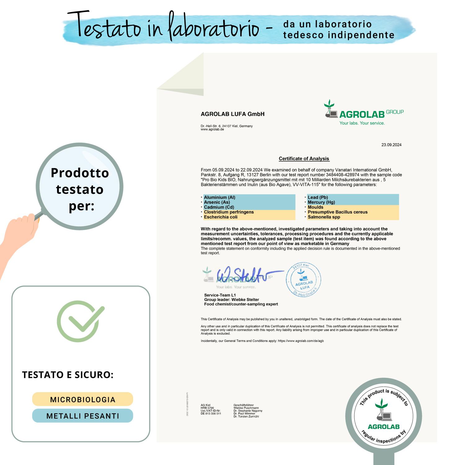 Documento di certificazione di AGROLAB LUFA GmbH. Firma e timbro. Testato per microbiologia e metalli pesanti.