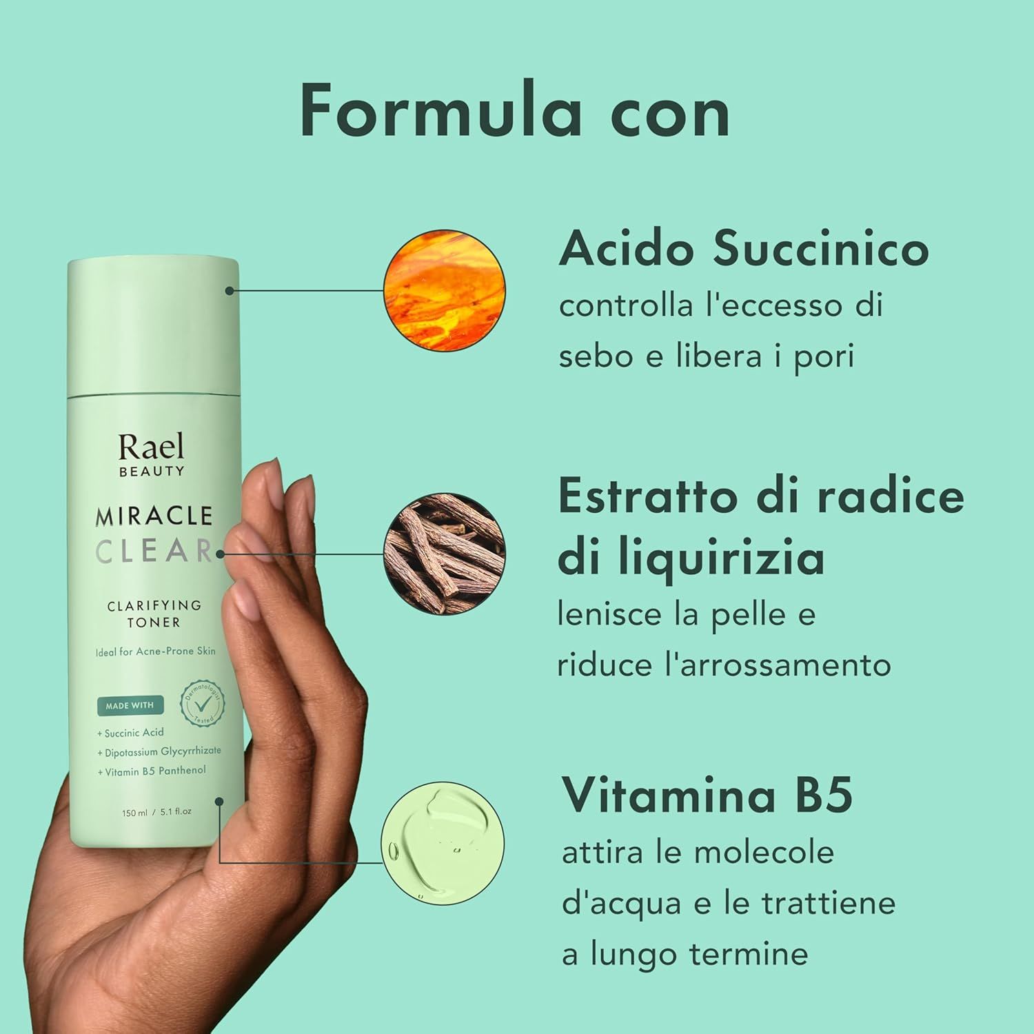 Flacone di toner verde con grafici degli ingredienti. Testo: Formulato con acido succinico, estratto di radice di liquirizia, vitamina B5.
