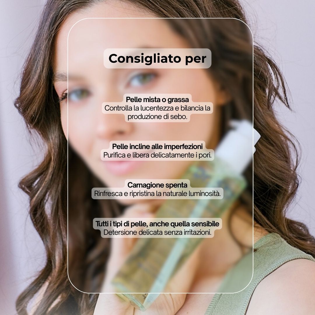 Donna con prodotto. Testo: Consigliato per pelli miste o grasse, pelli inclini alle imperfezioni, incarnato spento, tutti i tipi di pelle.
