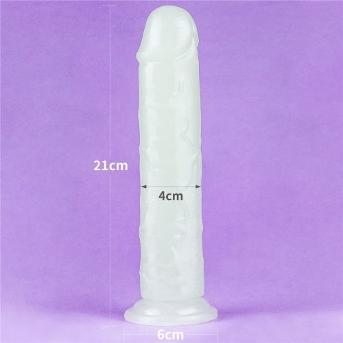Dildo trasparente, con dimensioni: 21 cm di lunghezza, 4 cm di diametro, 6 cm di base.