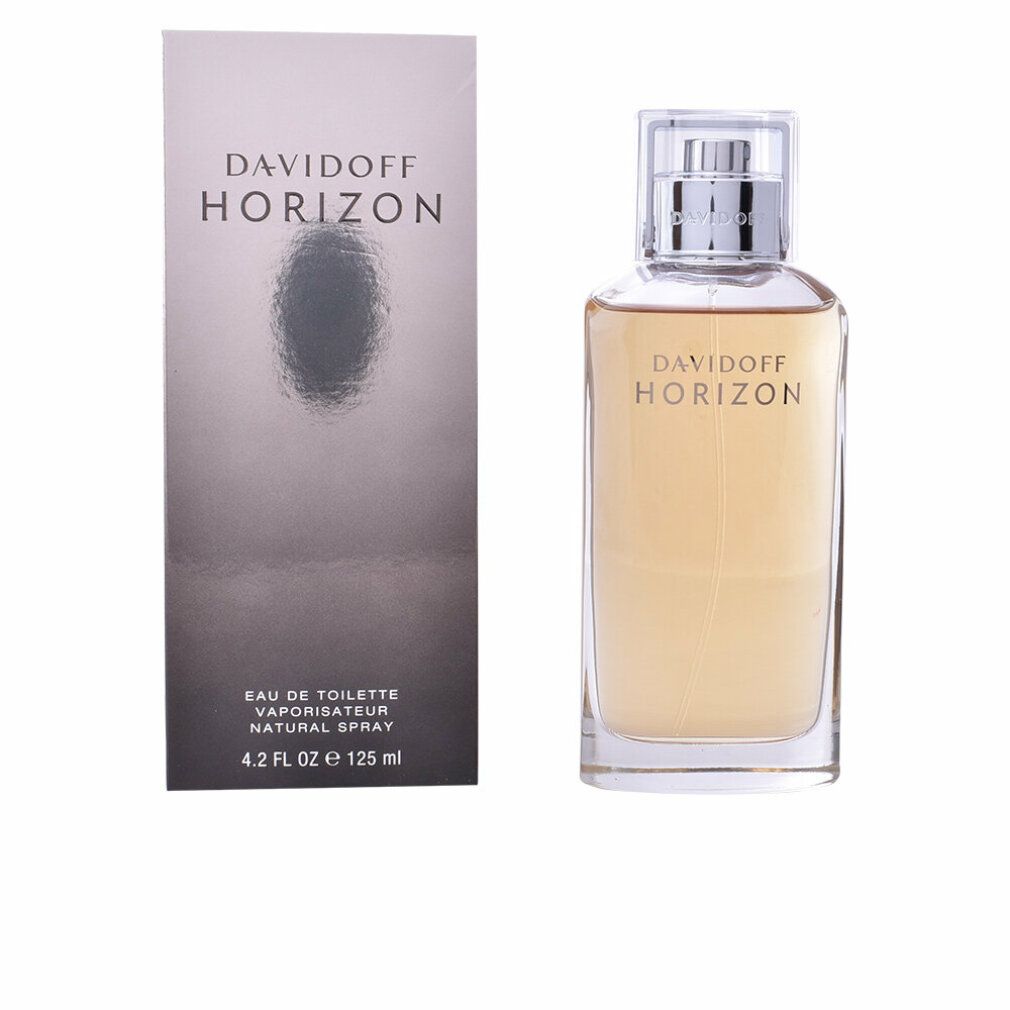 Flacone e scatola Davidoff Horizon Edt Spray. Flacone rettangolare trasparente, tappo argentato. Nome del prodotto su flacone e scatola.