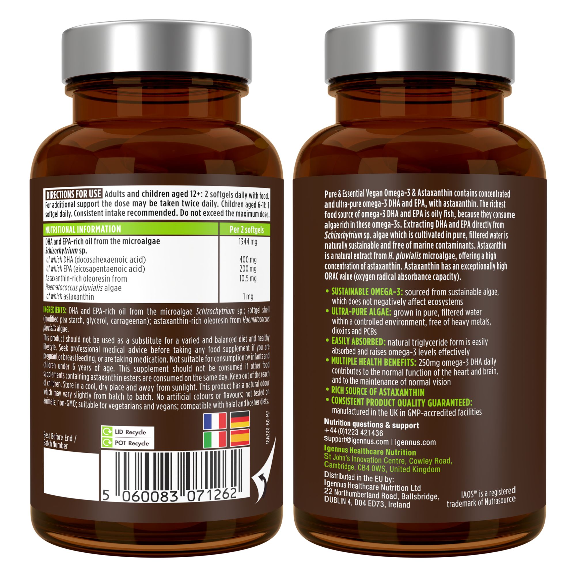 Flacone di capsule Omega-3. Contiene DHA, EPA e Astaxantina. Prodotto nel Regno Unito.