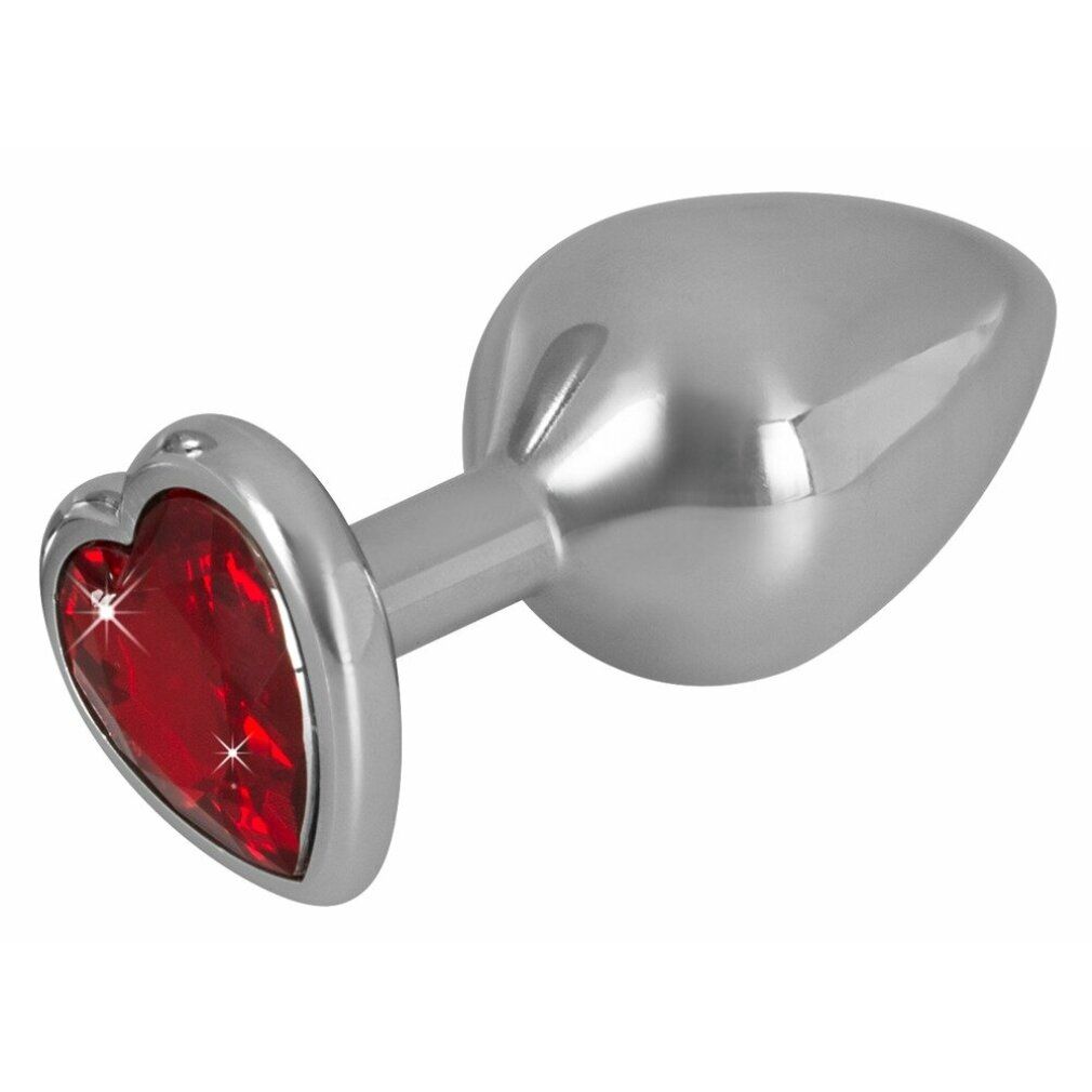 Plug anale in metallo con pietra rossa a forma di cuore. Metallo argentato, testa a cuore, asta conica.