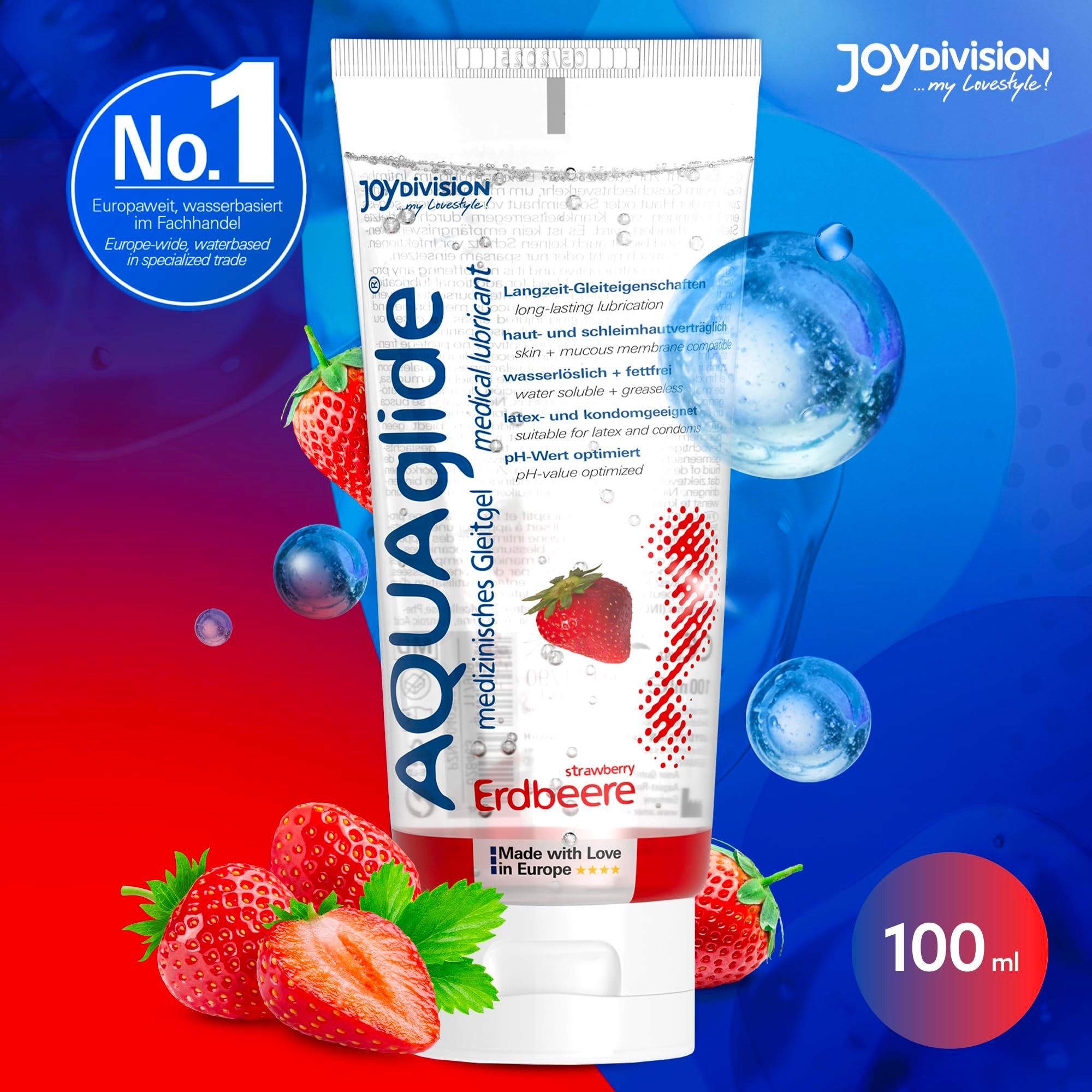 Tubo di gel lubrificante AquaGlade Fragola, 100ml, con fragole e bolle d'acqua.