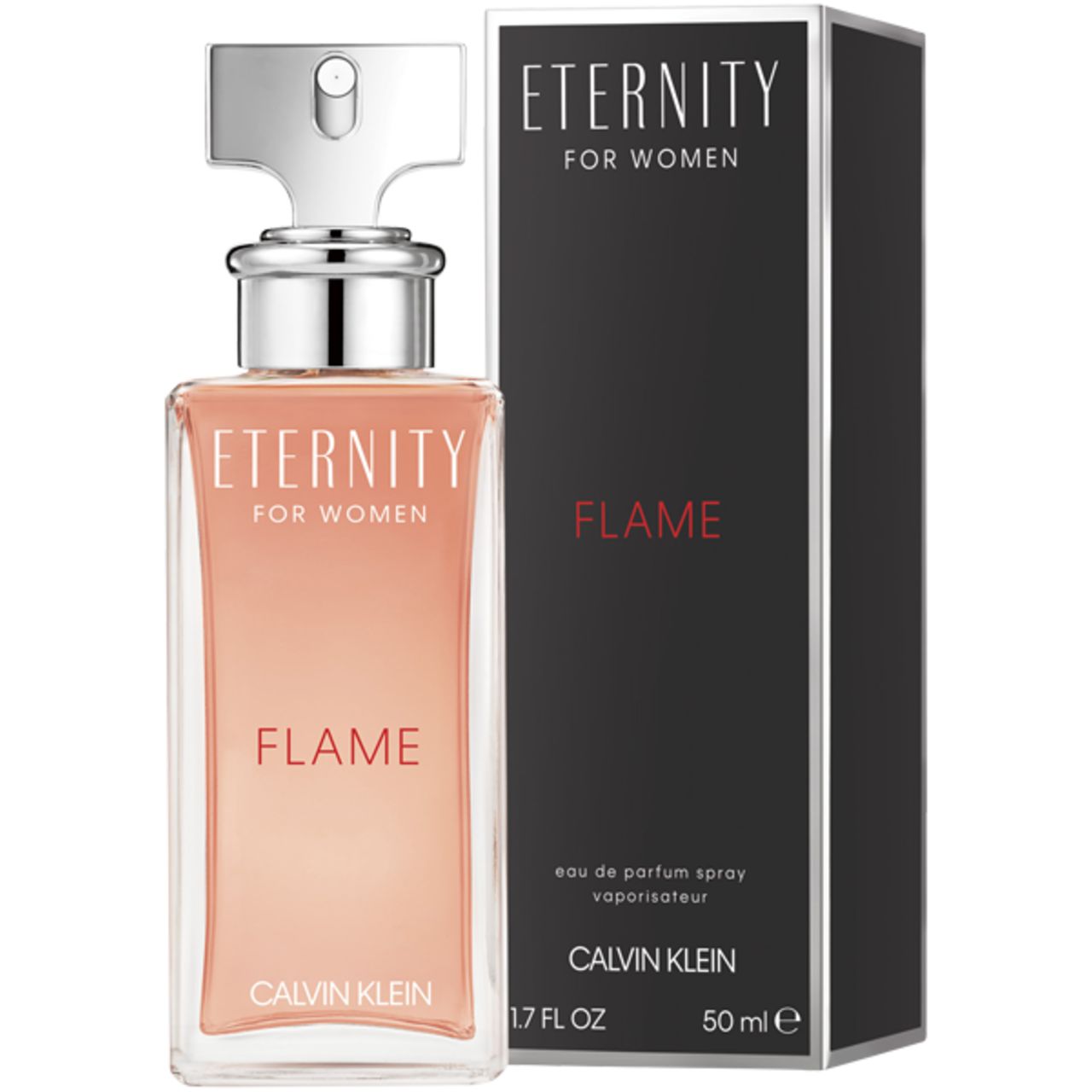 Flacone e confezione. Scritte: Eternity for Women, Flame, Calvin Klein. Flacone rosa, confezione nera.