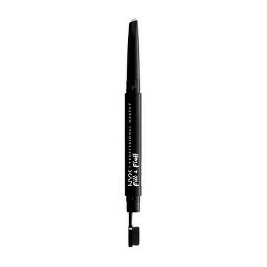 Matita per sopracciglia NYX Fill & Fluff con applicatore. Matita nera con scritta argentata.