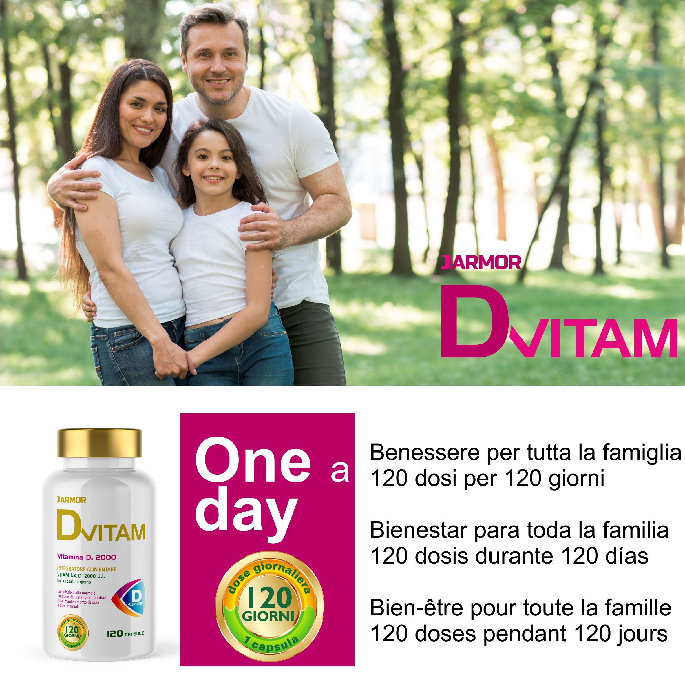 Famiglia nel parco. Flacone D Vitam. Testo: One day, 120 dosi per 120 giorni. Benessere per tutta la famiglia.