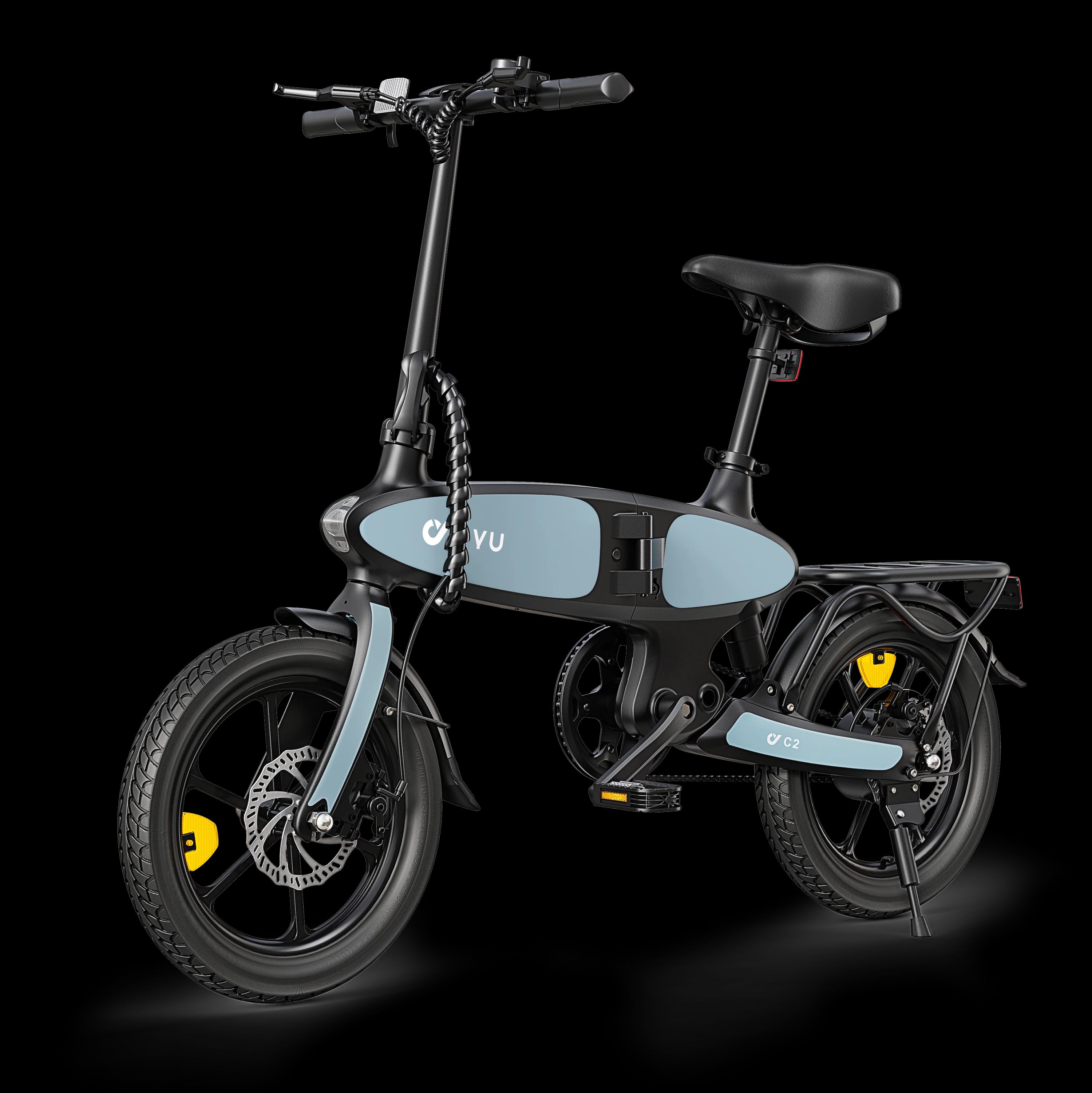 E-bike pieghevole, blu chiaro e nero, con logo DYU. Ha un portapacchi, parafanghi e accenti gialli sulle ruote.