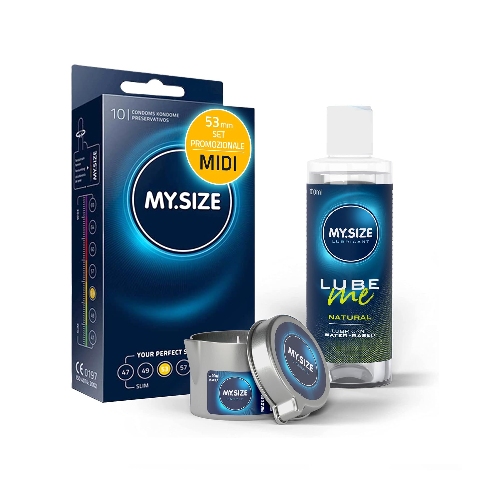 MY.SIZE PRO Preservativi + LUBE ME Natural + Body Candle Set