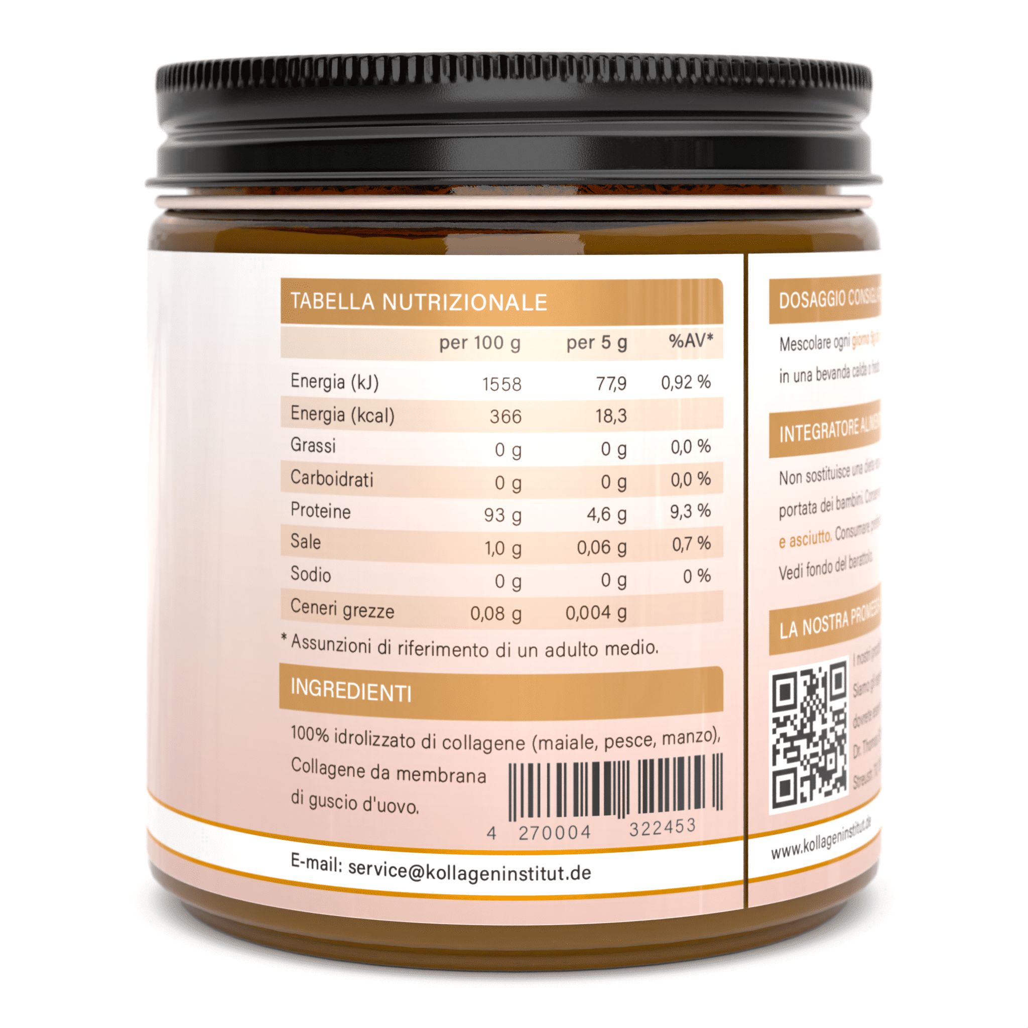 Retro di un barattolo di Kollagen Institut. Tabella nutrizionale, elenco ingredienti: 100% collagene idrolizzato, membrana di guscio d'uovo. Email e sito web.