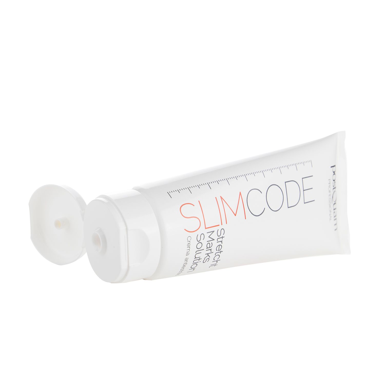 Tubo bianco con scritta rossa SLIMCODE e Stretch Marks Solution. Tappo aperto. Marchio Postquam.