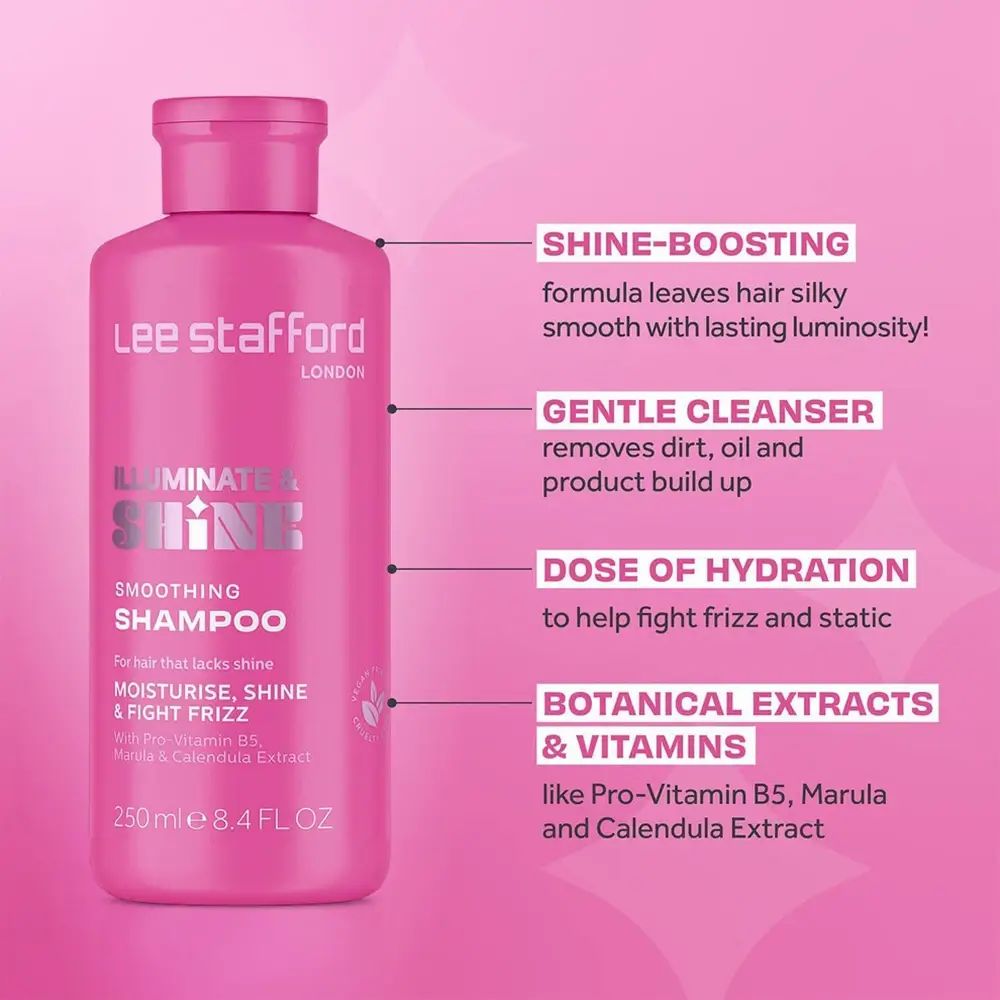 Flacone di shampoo rosa. Scritta: LEE STAFFORD, ILLUMINATE & SHINE. Contiene Pro-Vitamina B5, Marula e estratto di Calendula.