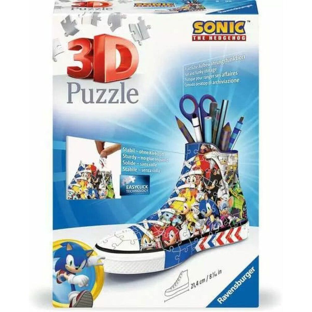 Confezione per sneaker puzzle 3D con motivo Sonic. Contiene puzzle sneaker, penne, forbici. Con logo e informazioni prodotto.