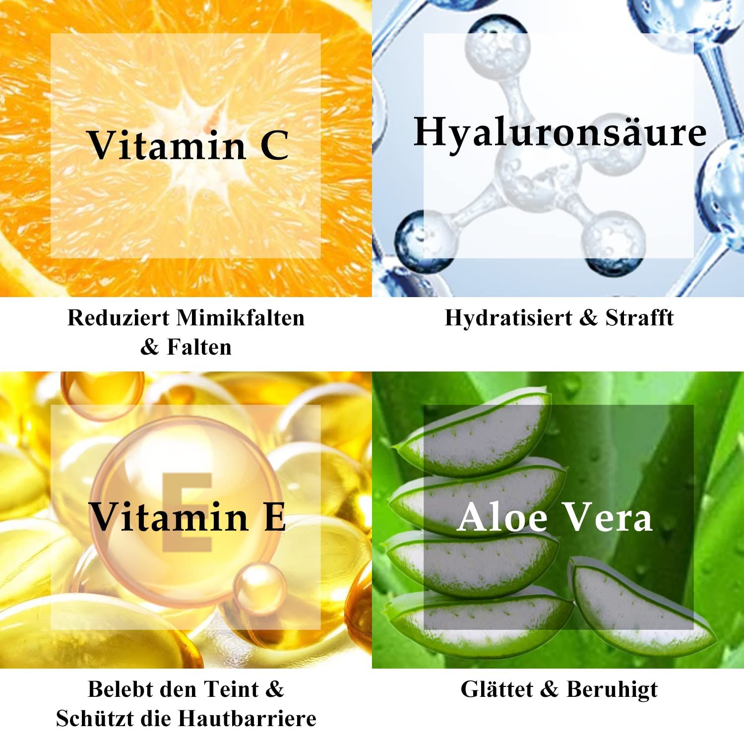Quattro immagini con testo: Vitamina C, Acido Ialuronico, Vitamina E, Aloe Vera. Descrizioni degli ingredienti e dei loro effetti.