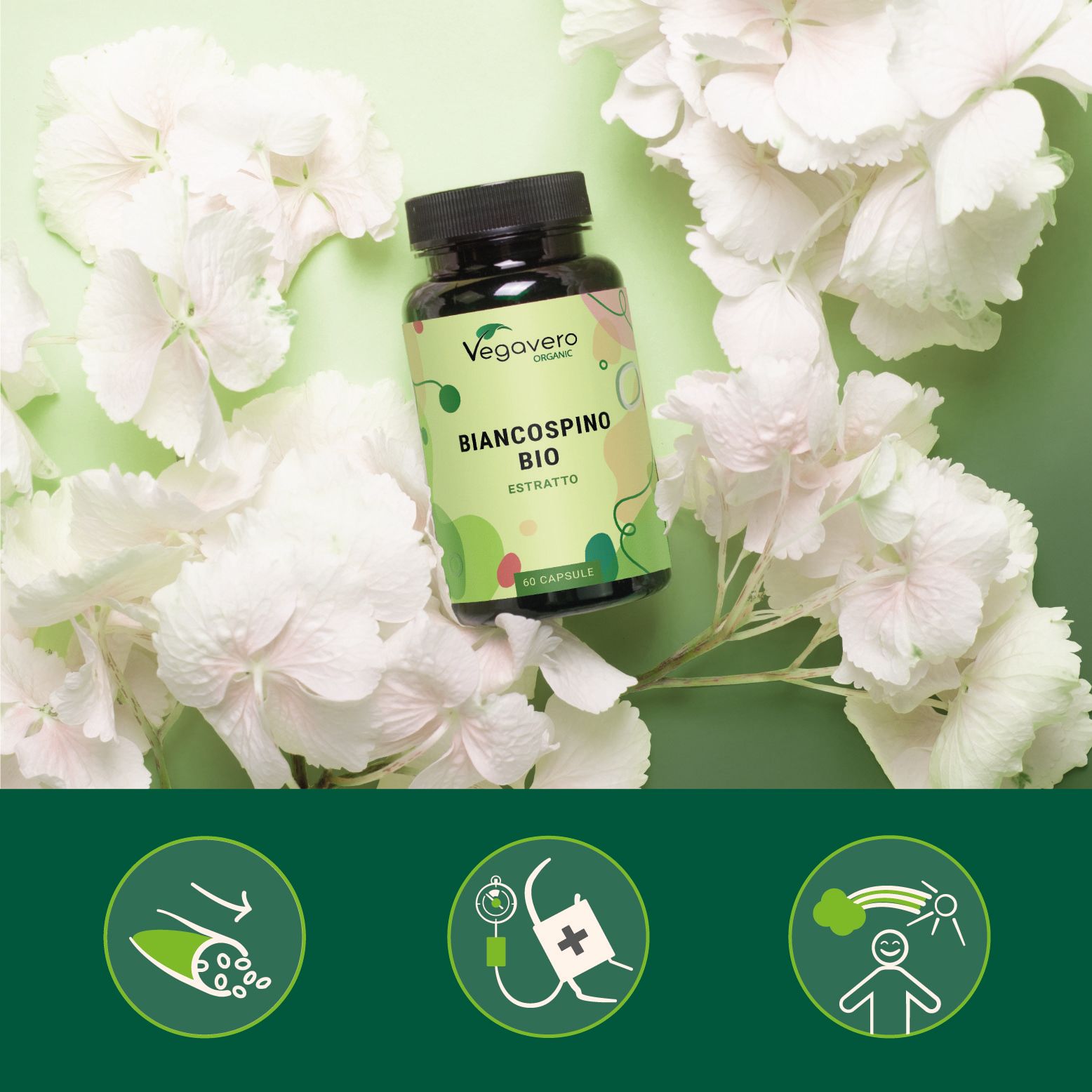 Flacone verde e tappo nero circondato da fiori bianchi. Scritta: Biancospino BIO Estratto.