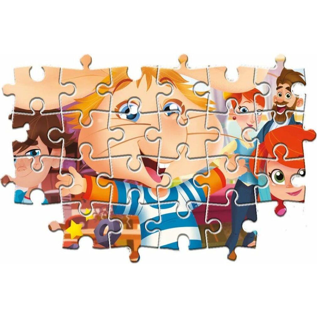 Pezi di puzzle mostrano Topo Gigio e famiglia. Pezzi parzialmente assemblati, sfondo bianco.