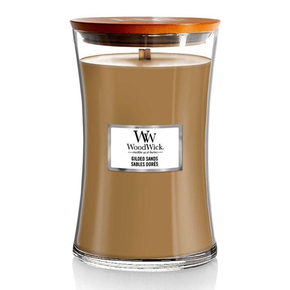 Candela con stoppino in legno. Contenitore in vetro con cera marrone. Coperchio in legno. Etichetta con testo.