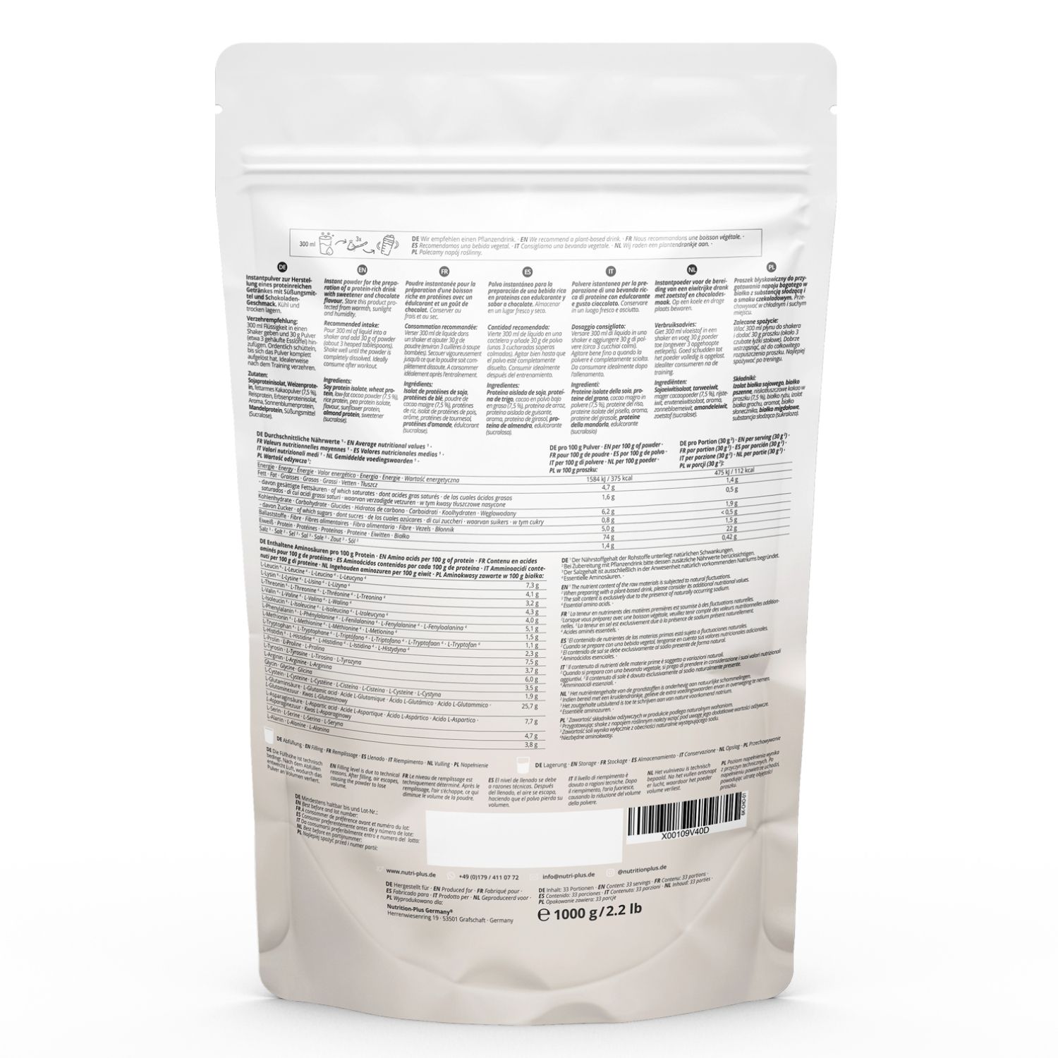 Retro confezione di polvere proteica. Ingredienti, informazioni nutrizionali, codice a barre, 1000 g/2.2 lb.