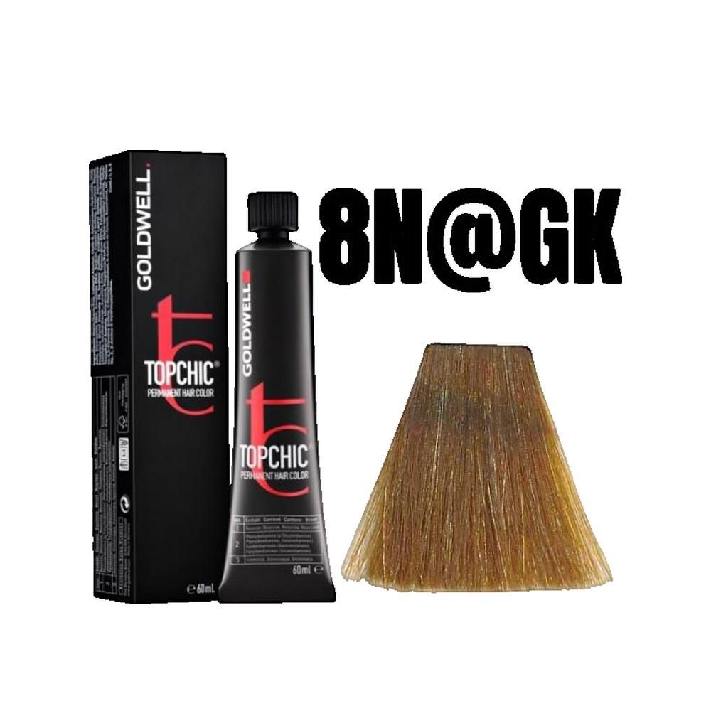 Goldwell Topchic colorazione, tubo e confezione. Ciocca di colore accanto. Scritta '8N@GK'.