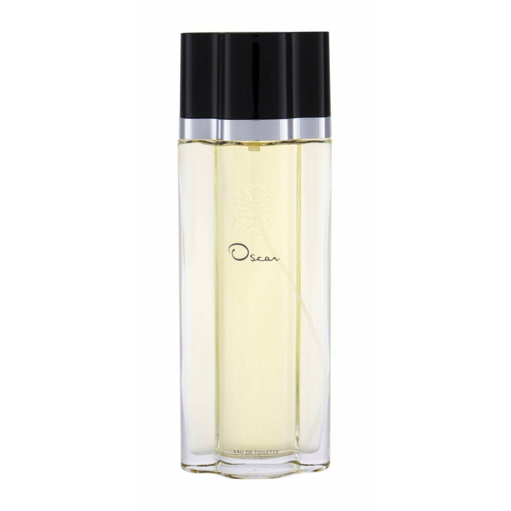 Flacone con tappo nero e collare argentato. Scritta "Oscar". Liquido giallastro.