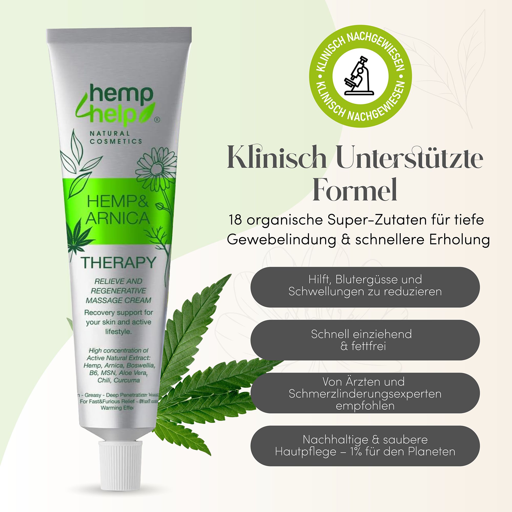 Tubo di crema terapeutica alla canapa e arnica. Testi: Formula clinicamente supportata, 18 ingredienti organici, aiuta con lividi e gonfiori, assorbimento rapido.