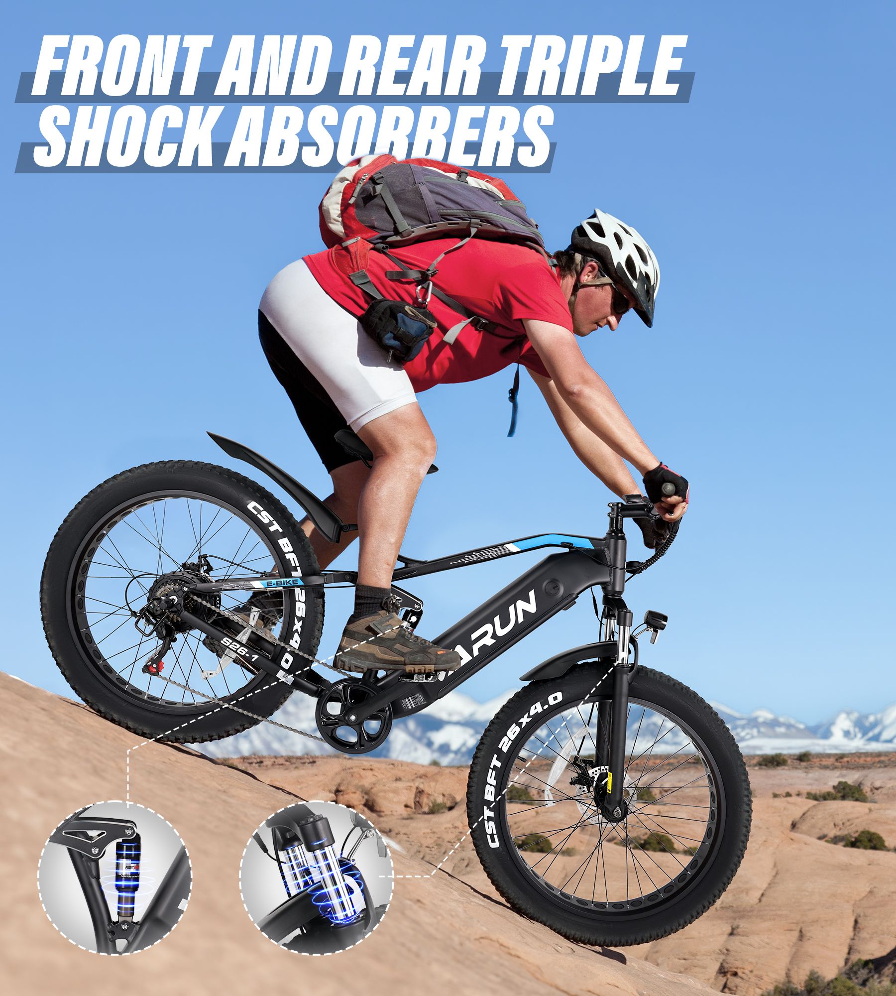 Persona in bicicletta elettrica su sentiero di montagna. Ammortizzatori anteriori e posteriori. Logo VARUN visibile.