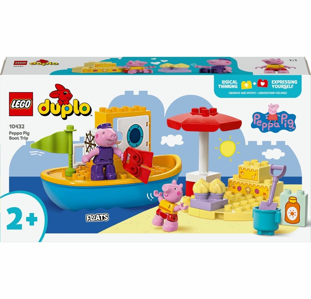 Set LEGO Duplo. Include una costruzione di barca gialla e blu con personaggi di Peppa Pig, accessori da spiaggia e confezione.
