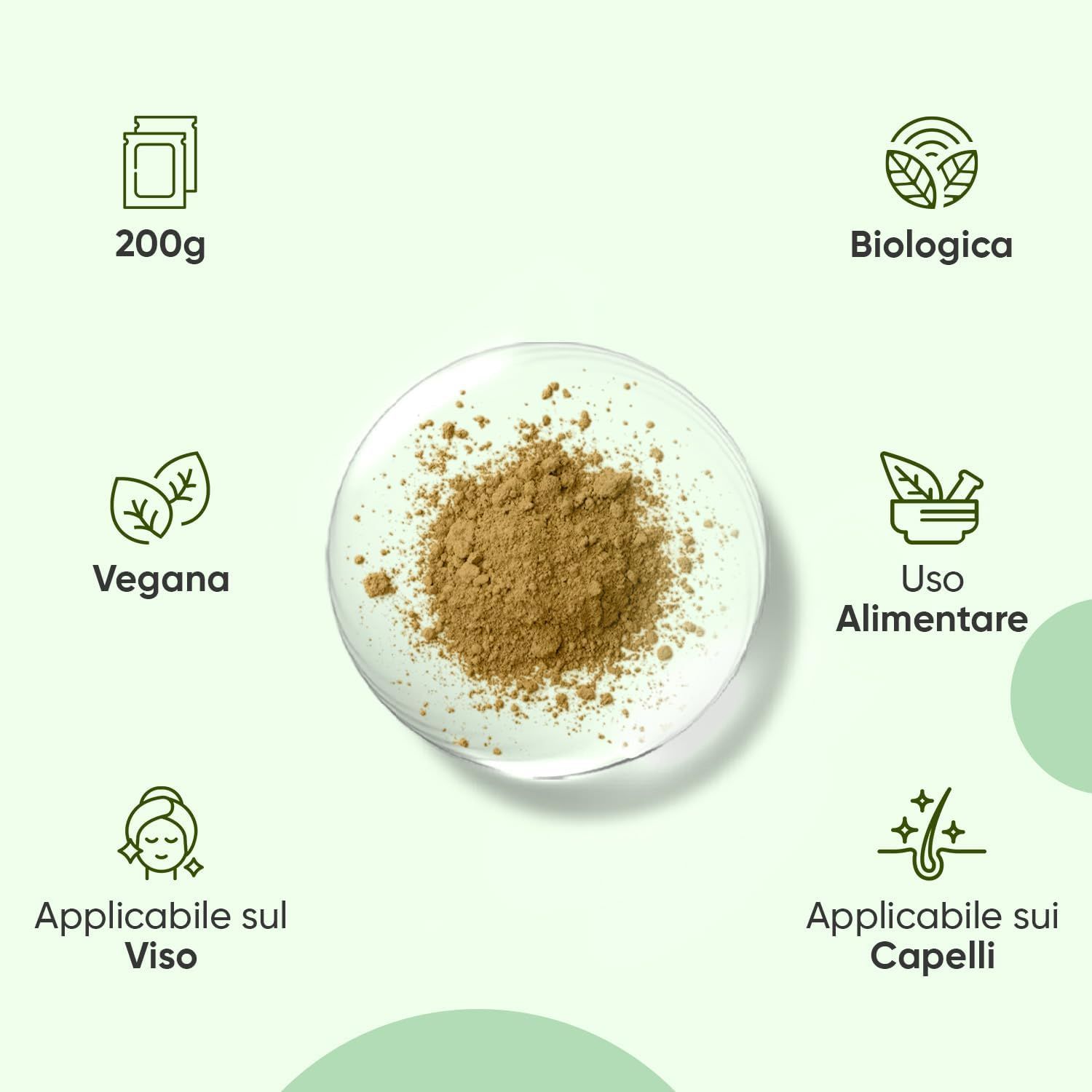 Varie icone. 200g, vegano, biologico, applicabile su viso e capelli, per alimenti.