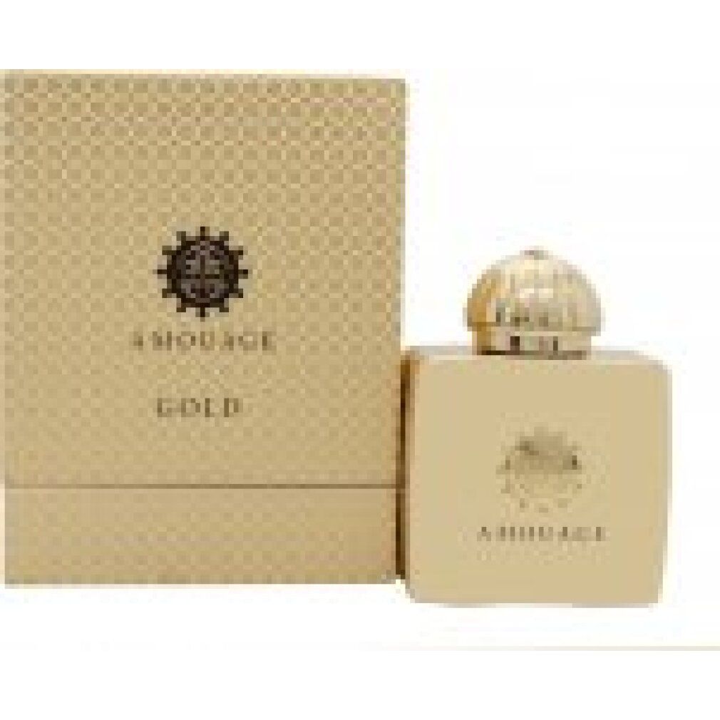 Flacone e confezione dorati. Scritta AMOUAGE GOLD. Emblema del logo sulla confezione.