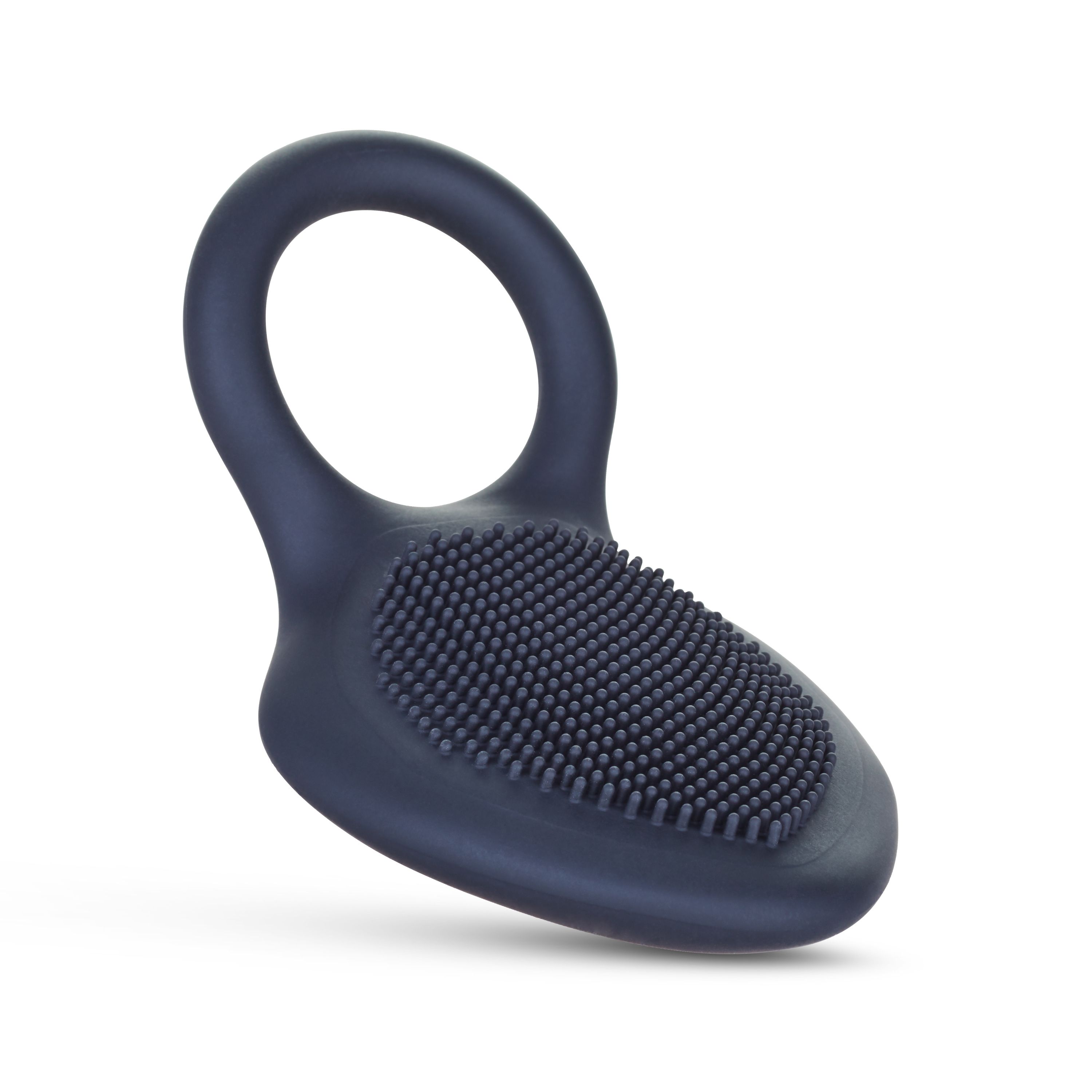 Prodotto benessere grigio scuro con manico e superficie strutturata. Vista prospettica.