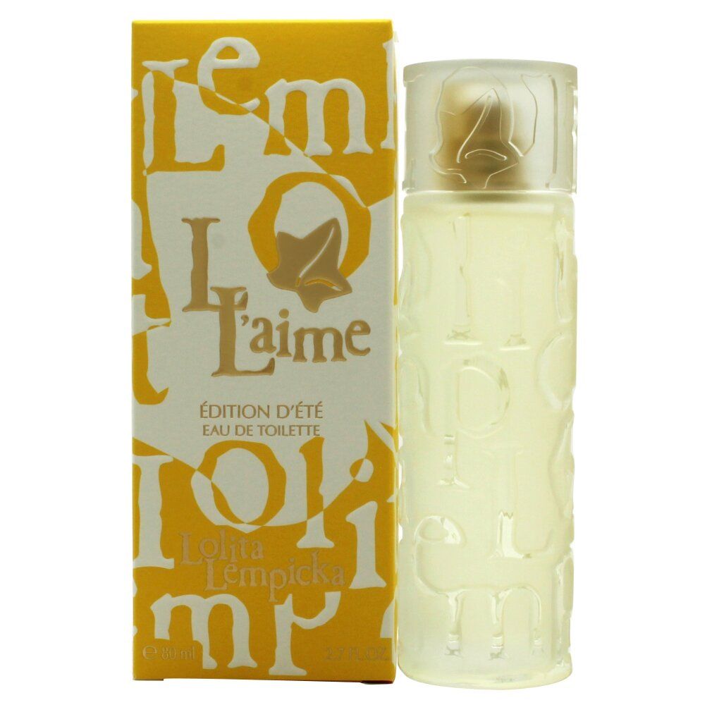 Flacone e confezione di Lolita Lempicka Elle l'aime Édition d'Été Eau de Toilette Spray. Confezione gialla con scritte bianche.