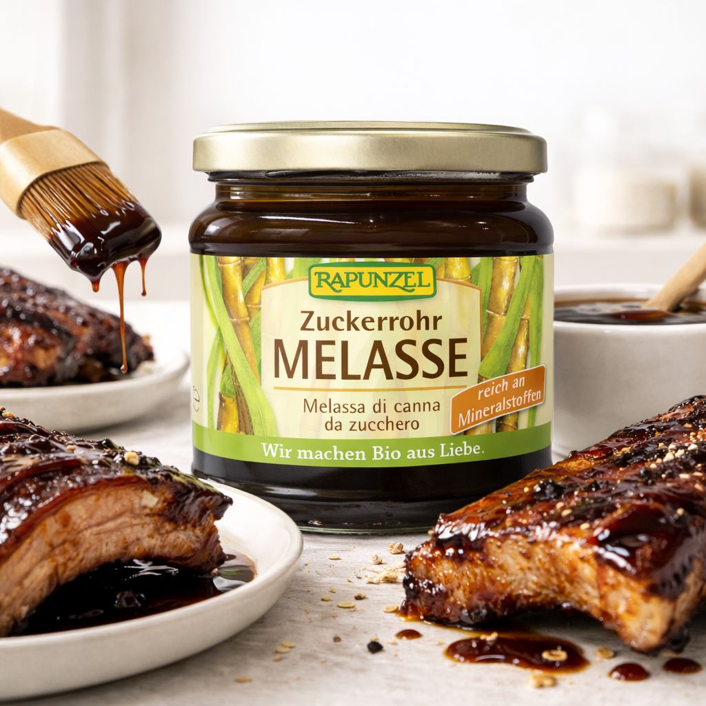 Melassa di canna da zucchero Rapunzel in barattolo, con costine grigliate e pennello.
