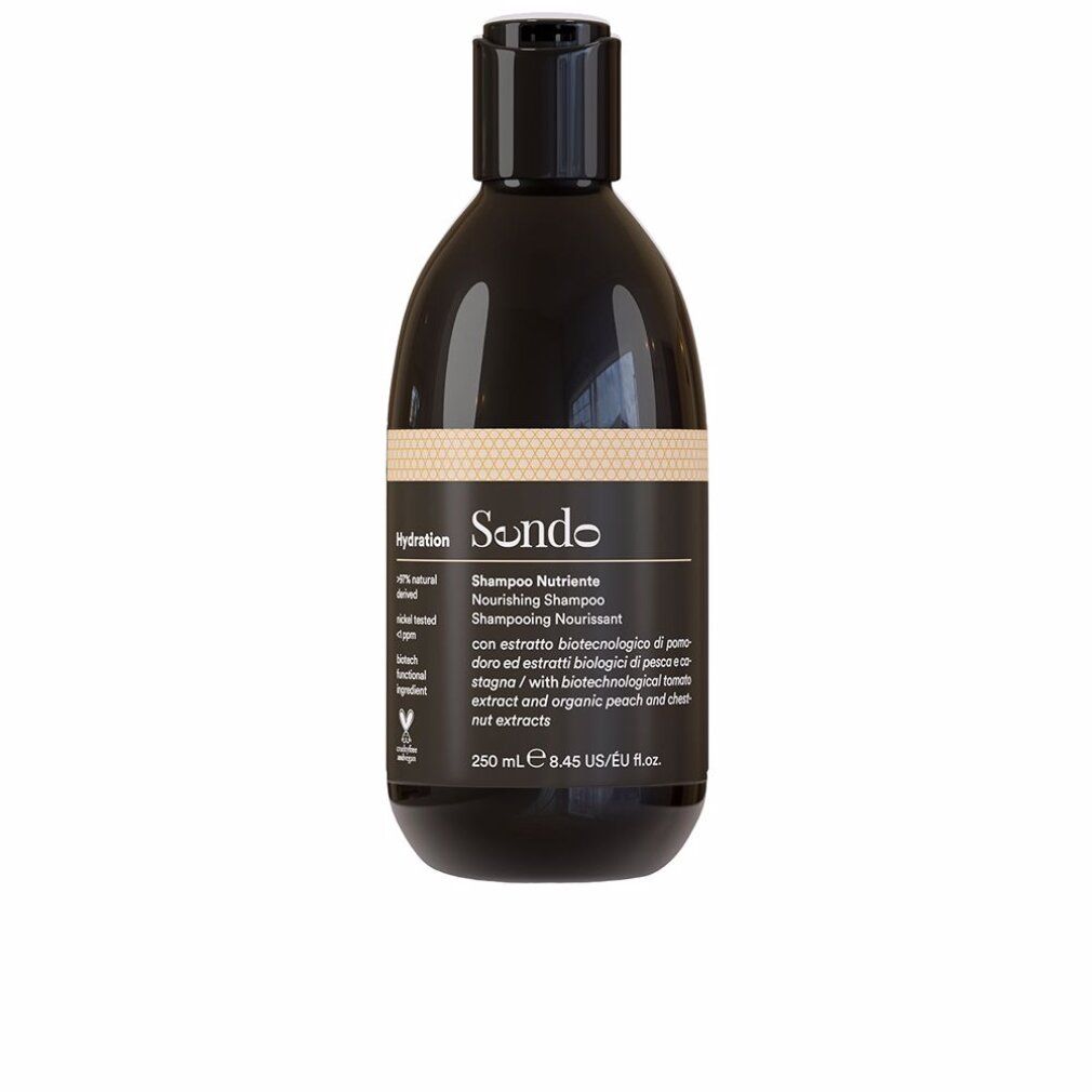 Flacone nero di shampoo. Scritta: Sendo, Hydration, Nourishing Shampoo. Sigillo vegano.