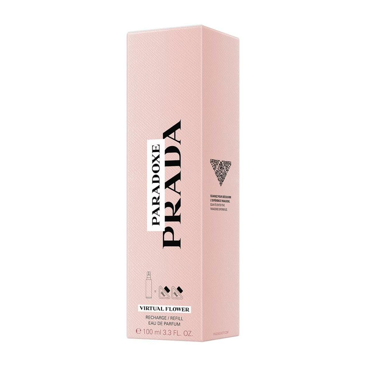 Confezione rettangolare rosa. Prada Paradoxe Virtual Flower, Ricarica/Refill Eau de Parfum. Con illustrazioni.