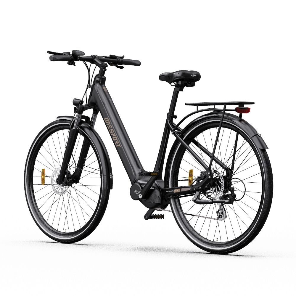 E-bike nera con motore centrale. Ruote, sella, portapacchi e manubrio visibili. "ONESPORT" sul telaio.