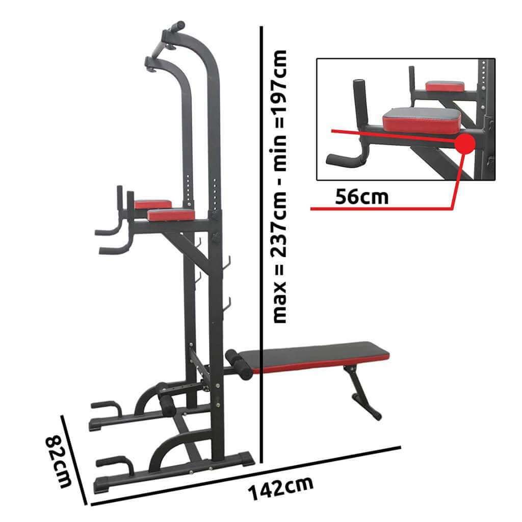 Attrezzo fitness con dimensioni: max = 237cm - min = 197cm, 142cm, 82cm. Struttura nera, imbottitura rossa. Per allenamento indoor.