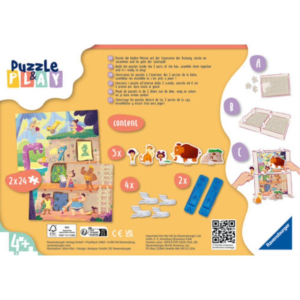 Retro della scatola Puzzle&Play. Contiene 2x24 pezzi. Illustrazione del puzzle e dei pezzi. Accessori inclusi. Età consigliata: 4+