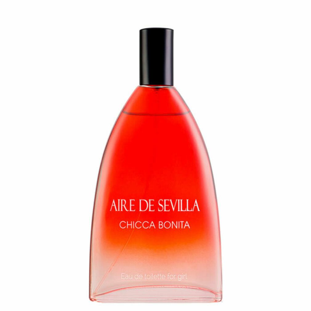 Flacone di profumo, rosso-bianco, tappo nero. Testo: Aire de Sevilla Chicca Bonita. Eau de toilette for girl.