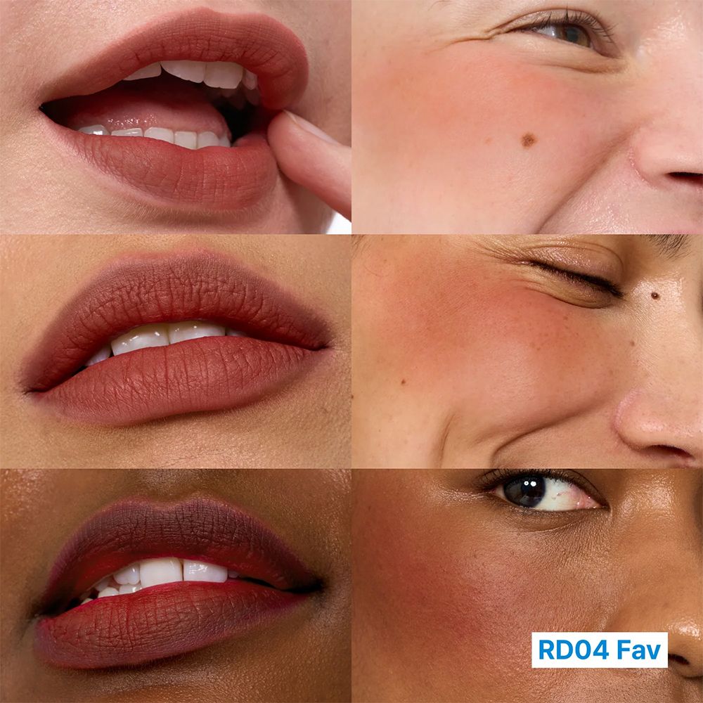 Labbra e guance di diverse tonalità di pelle con rossetto e fard rossi.