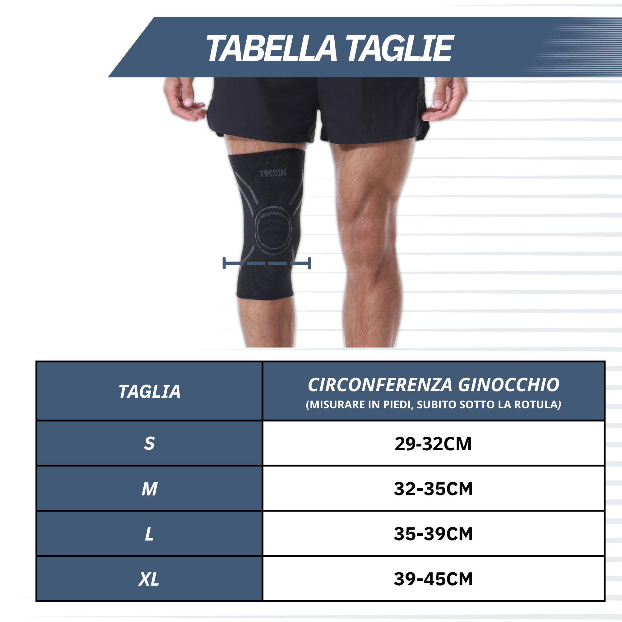 Tabella taglie per ginocchiere: S (29-32cm), M (32-35cm), L (35-39cm), XL (39-45cm).