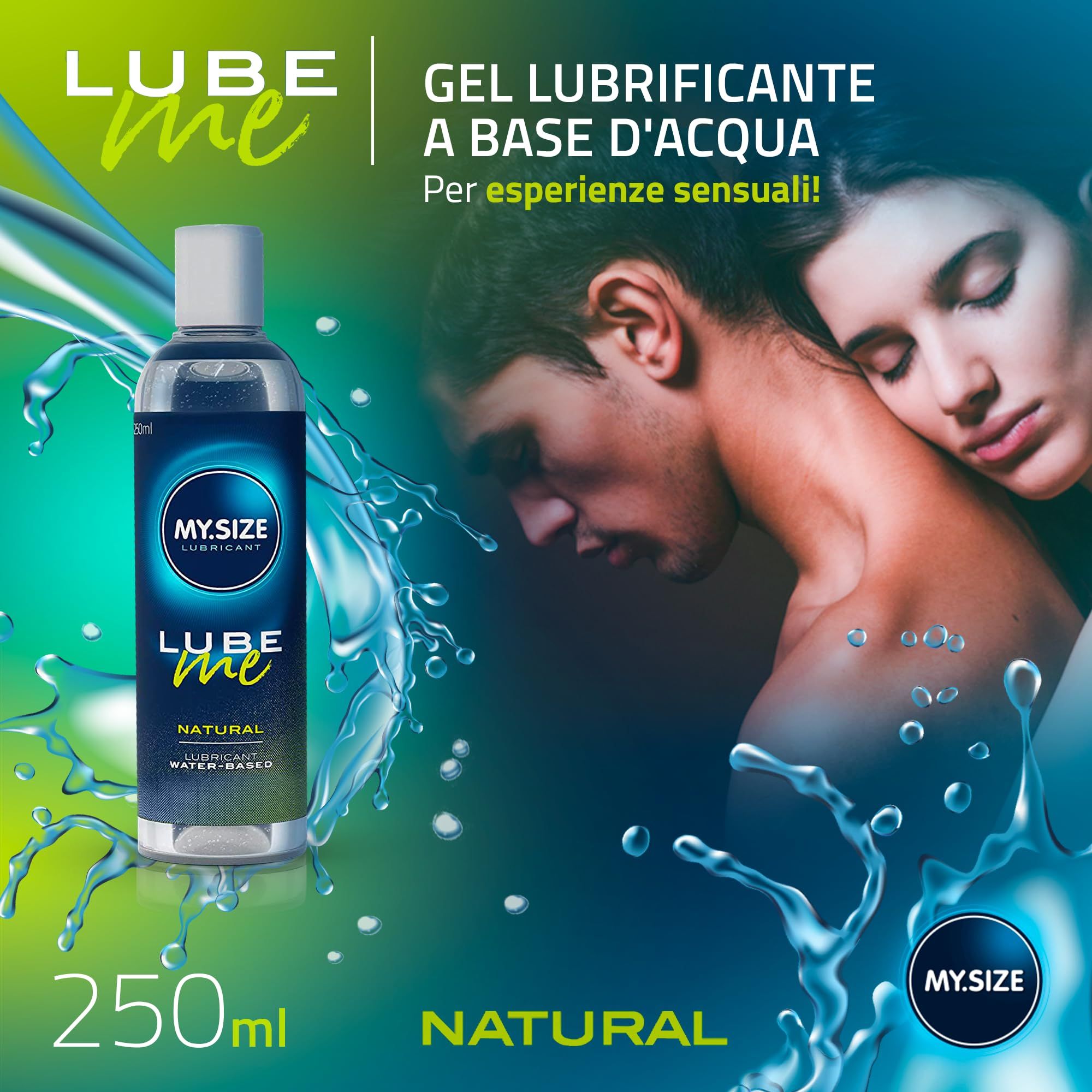Flacone di gel lubrificante MY.SIZE Lube Me Natural con una coppia sullo sfondo.