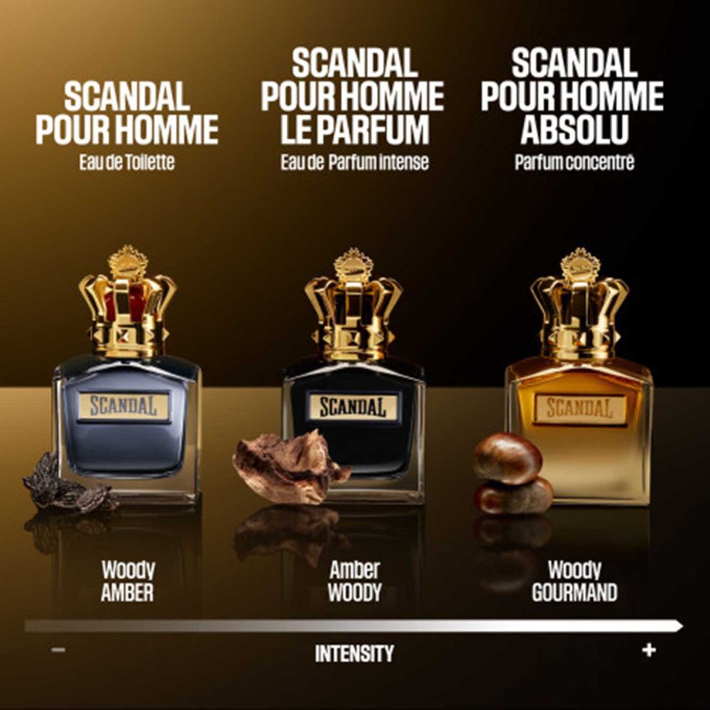 Tre flaconi di profumo con corona dorata. Scritta: Scandal Pour Homme, Le Parfum, Pour Homme Absolu.