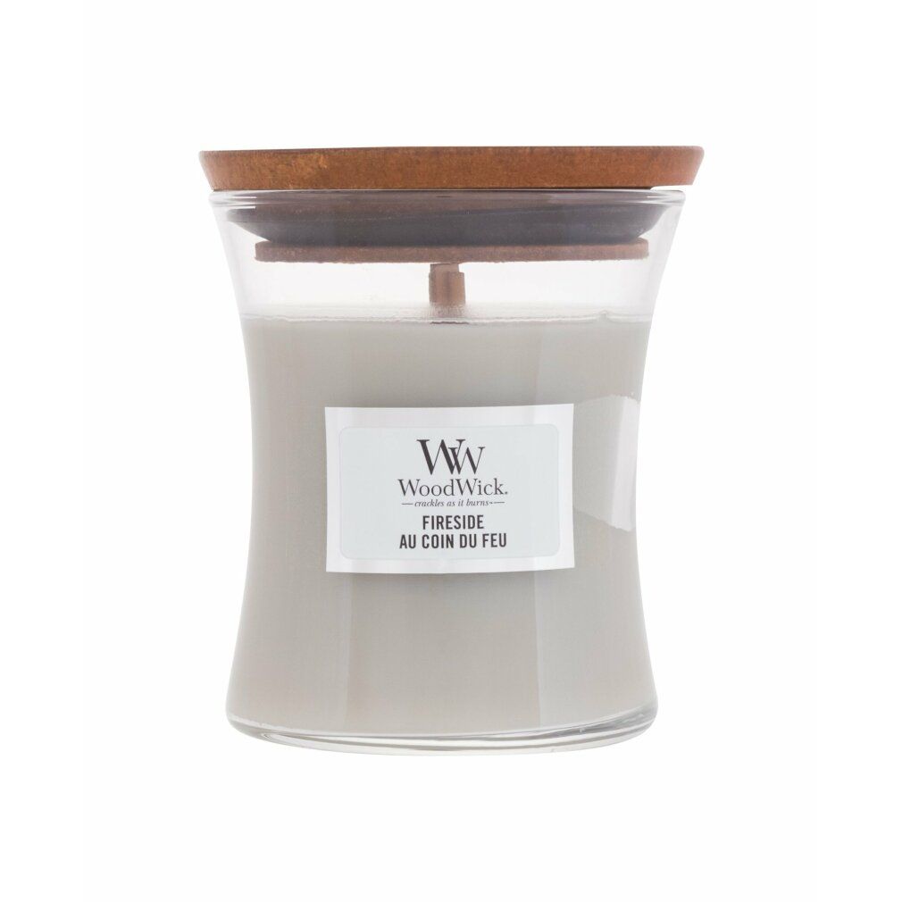 Candela a clessidra grigia con coperchio in legno. Scritta: WoodWick, Fireside. Contenitore di vetro.