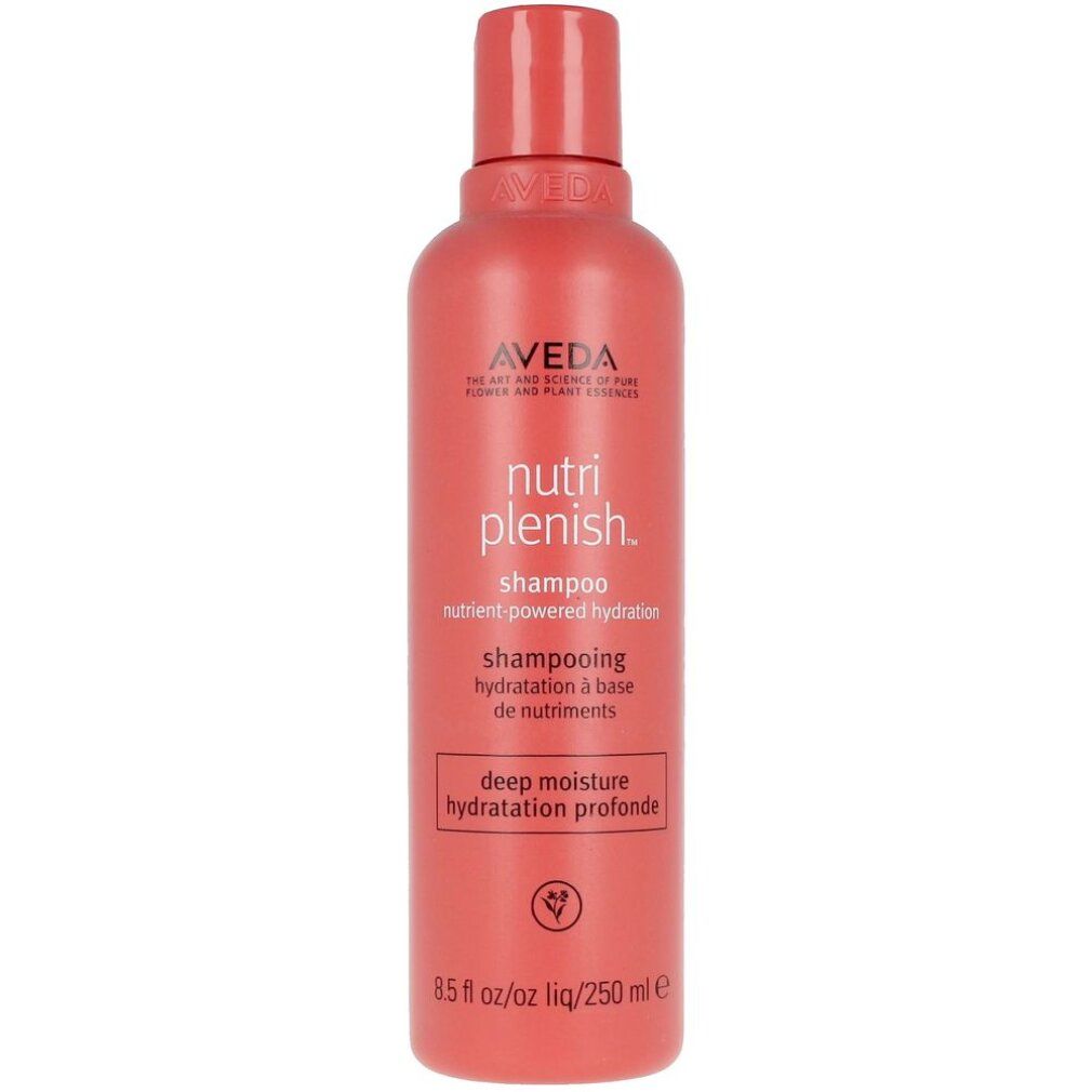 Flacone di shampoo rosso con testo. Logo Aveda e Nutriplenish. Idratazione profonda. 250 ml.