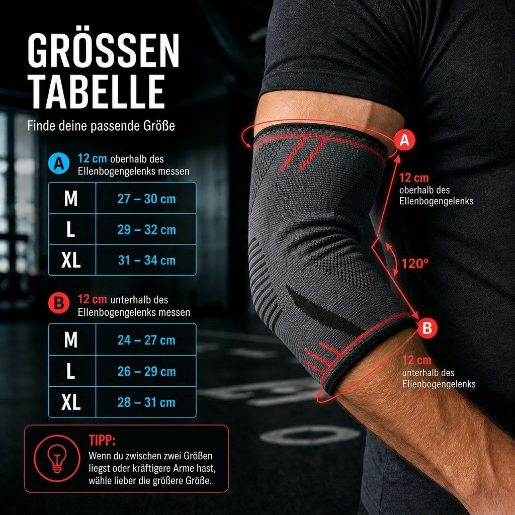 Tabella delle taglie per la fascia per gomito. Misure in cm. M, L, XL. Istruzioni di misurazione. Prodotto non mostrato.