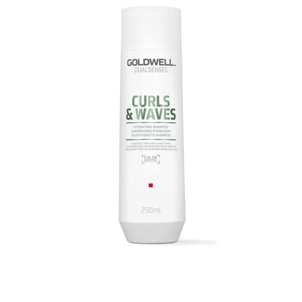 Flacone di shampoo bianco con testo verde. Scritta: Curls & Waves, Hydrating Shampoo. Marchio: Goldwell Dualsenses.